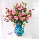 6-SOGA Blue Colored Glass Flower Vase with 10 Bunch 6 Heads Artificial Fake Silk Rose Home Decor Set