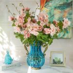 6-SOGA Blue Colored Glass Flower Vase with 8 Bunch 3 Heads Artificial Fake Silk Hibiscus Home Decor Set