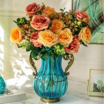 6-SOGA Blue Colored Glass Flower Vase with 4 Bunch 11 Heads Artificial Fake Silk Rose Home Decor Set