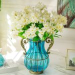 6-SOGA Blue Colored Glass Flower Vase with 10 Bunch 6 Heads Artificial Fake Silk Lilium nanum Home Decor Set