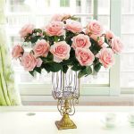 6-SOGA Clear Glass Cylinder Flower Vase with 4 Bunch 9 Heads Artificial Fake Silk Rose Home Decor Set