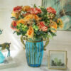 6-SOGA Blue Colored Glass Flower Vase with 4 Bunch 11 Heads Artificial Fake Silk Rose Home Decor Set