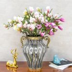 6-SOGA Clear Glass Flower Vase with 6 Bunch 4 Heads Artificial Fake Silk Magnolia denudata Home Decor Set
