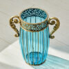 7-SOGA Blue Colored Glass Flower Vase with 4 Bunch 11 Heads Artificial Fake Silk Rose Home Decor Set