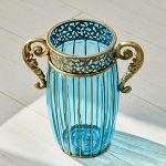 7-SOGA Blue Colored Glass Flower Vase with 4 Bunch 11 Heads Artificial Fake Silk Rose Home Decor Set