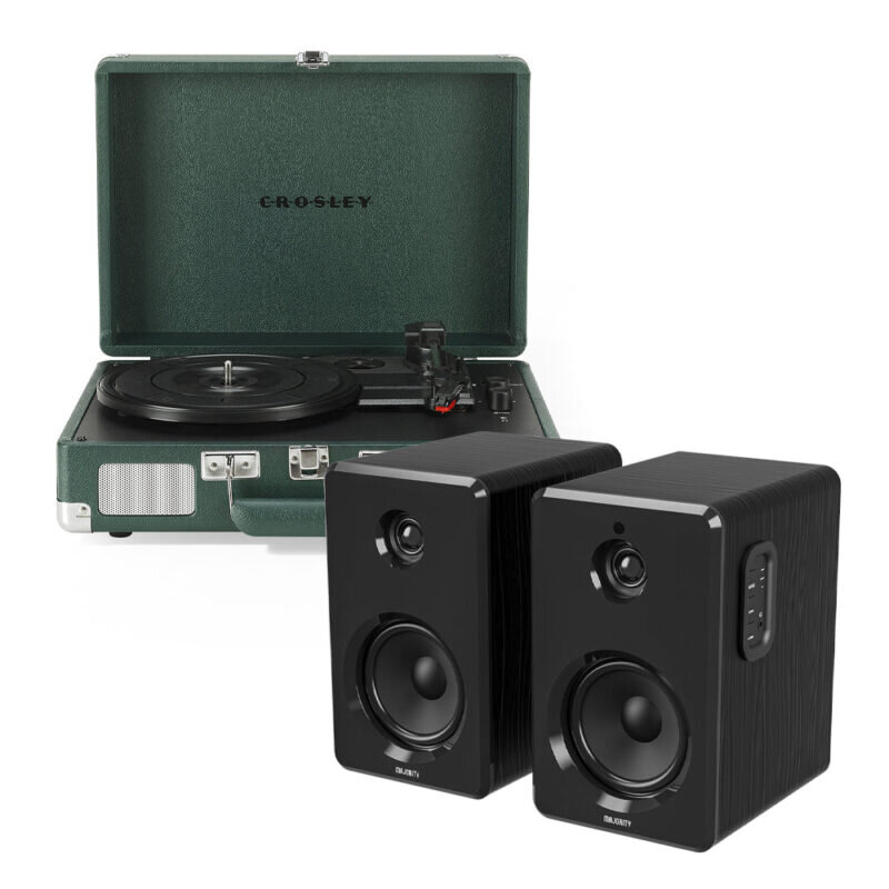 Crosley Cruiser Bluetooth Portable Turntable - Dark Emerald + Bundled Majority D40 Bluetooth Speakers
