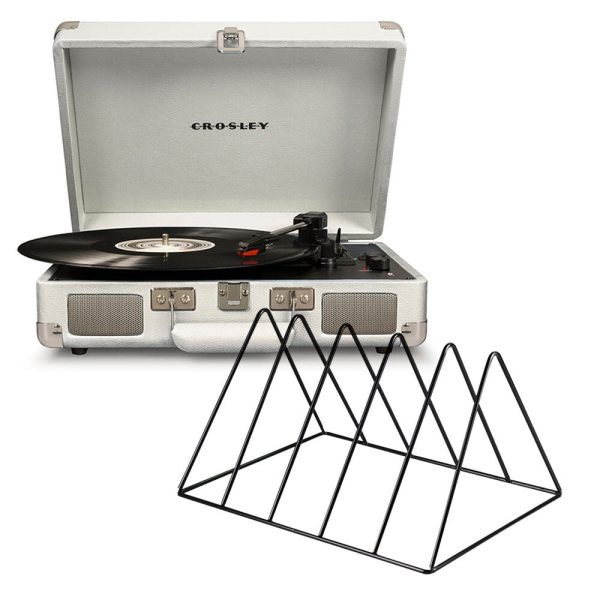 Crosley Cruiser Bluetooth Portable Turntable - White Sands + Gadhouse Vinyl Rack Bundle - Black