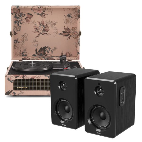 Crosley Voyager Bluetooth Portable Turntable - Floral + Bundled Majority D40 Bluetooth Speakers - Black