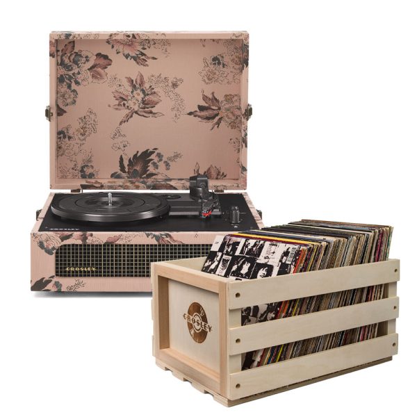 Crosley Voyager Bluetooth Portable Turntable - Floral + Bundled Record Storage Crate