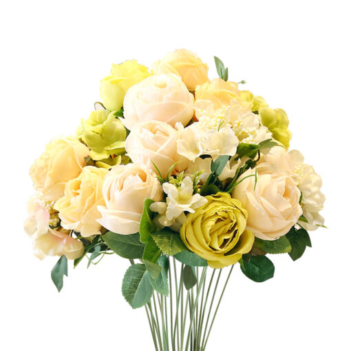 1-SOGA 3pcs Artificial Silk with 15 Heads Flower Fake Rose Bouquet Table Decor White