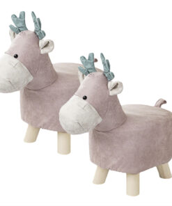 1-SOGA 2X Pink Children Bench Deer Character Round Ottoman Stool Soft Small Comfy Seat Home Decor