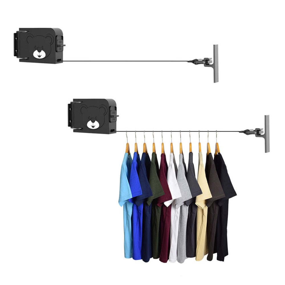 1-SOGA 2X 160mm Wall-Mounted Clothes Line Dry Rack Retractable Space-Saving Foldable Hanger Black