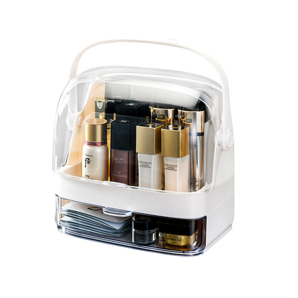 1-SOGA 2 Tier White Countertop Makeup Cosmetic Storage Organiser Skincare Holder Jewelry Storage Box with Handle