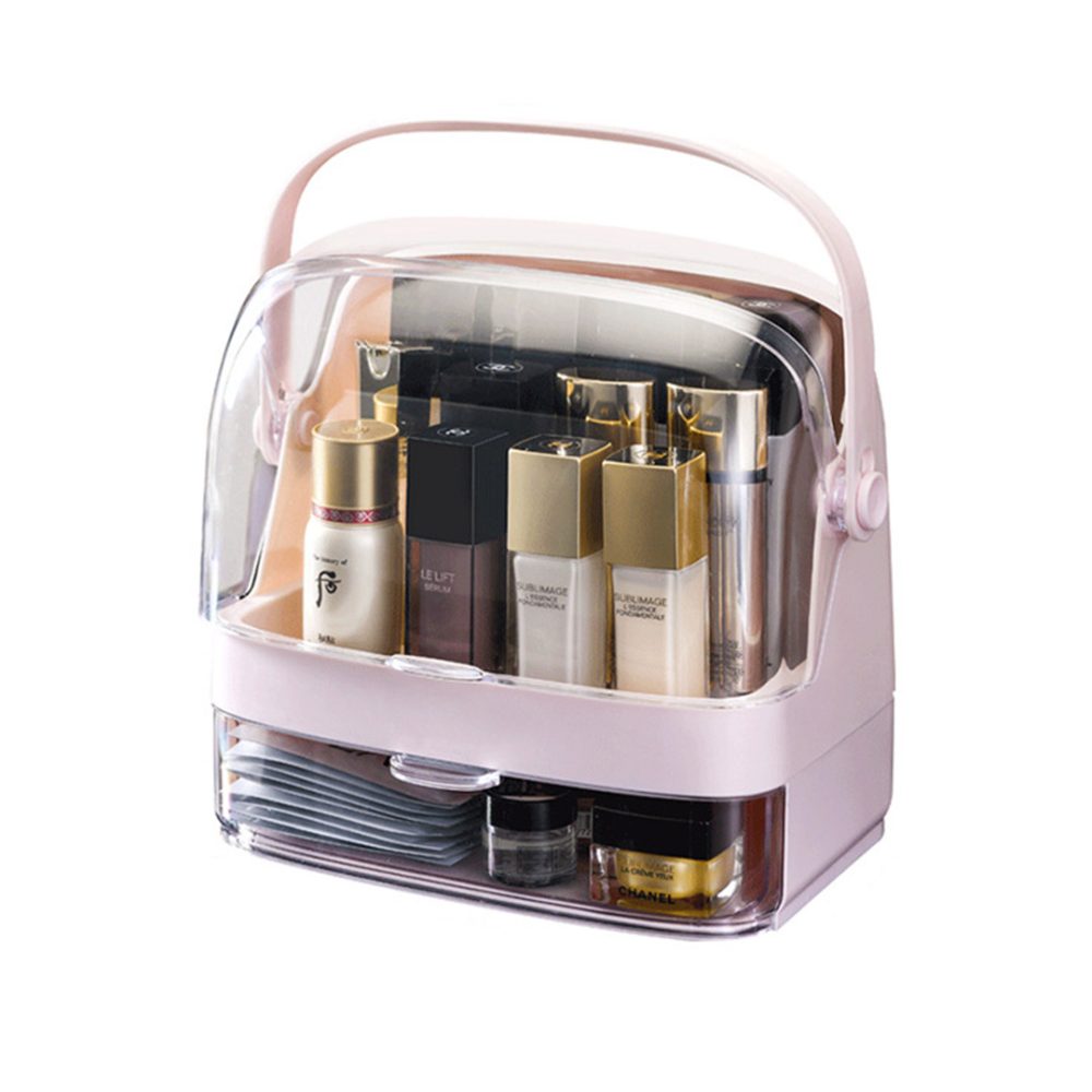 1-SOGA 2 Tier Pink Countertop Makeup Cosmetic Storage Organiser Skincare Holder Jewelry Storage Box with Handle