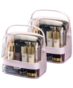 1-SOGA 2X 2 Tier Pink Countertop Makeup Cosmetic Storage Organiser Skincare Holder Jewelry Storage Box with Handle