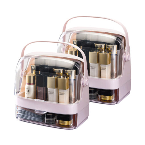 1-SOGA 2X 2 Tier Pink Countertop Makeup Cosmetic Storage Organiser Skincare Holder Jewelry Storage Box with Handle