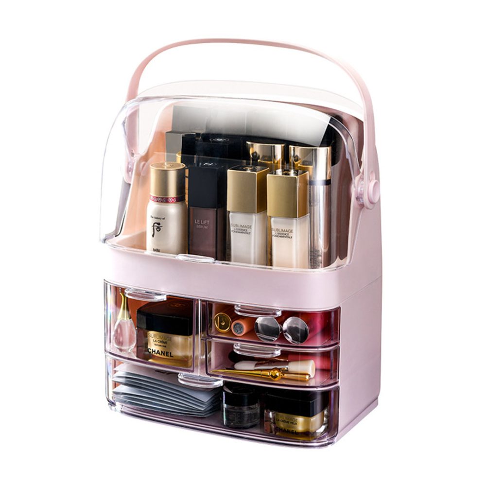 1-SOGA 3 Tier Pink Countertop Makeup Cosmetic Storage Organiser Skincare Holder Jewelry Storage Box with Handle
