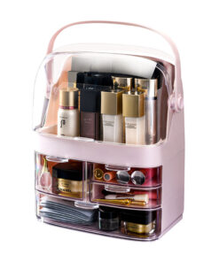 1-SOGA 3 Tier Pink Countertop Makeup Cosmetic Storage Organiser Skincare Holder Jewelry Storage Box with Handle