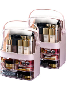 1-SOGA 2X 3 Tier Pink Countertop Makeup Cosmetic Storage Organiser Skincare Holder Jewelry Storage Box with Handle