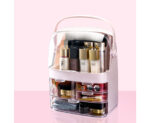 4-SOGA 2X 3 Tier Pink Countertop Makeup Cosmetic Storage Organiser Skincare Holder Jewelry Storage Box with Handle