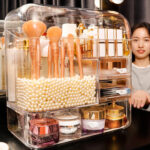 3-SOGA Transparent Cosmetic Storage Box Clear Makeup Skincare Holder with Lid Drawers Waterproof  Dustproof Organiser with Pearls