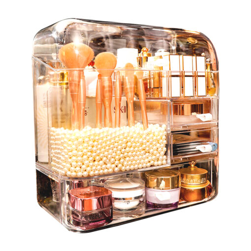 1-SOGA Transparent Cosmetic Storage Box Clear Makeup Skincare Holder with Lid Drawers Waterproof  Dustproof Organiser with Pearls