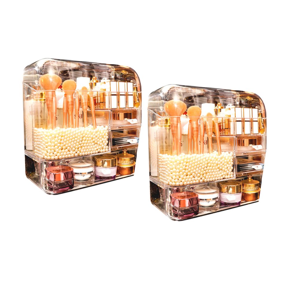 1-SOGA 2X Transparent Cosmetic Storage Box Clear Makeup Skincare Holder with Lid Drawers Waterproof  Dustproof Organiser with Pearls