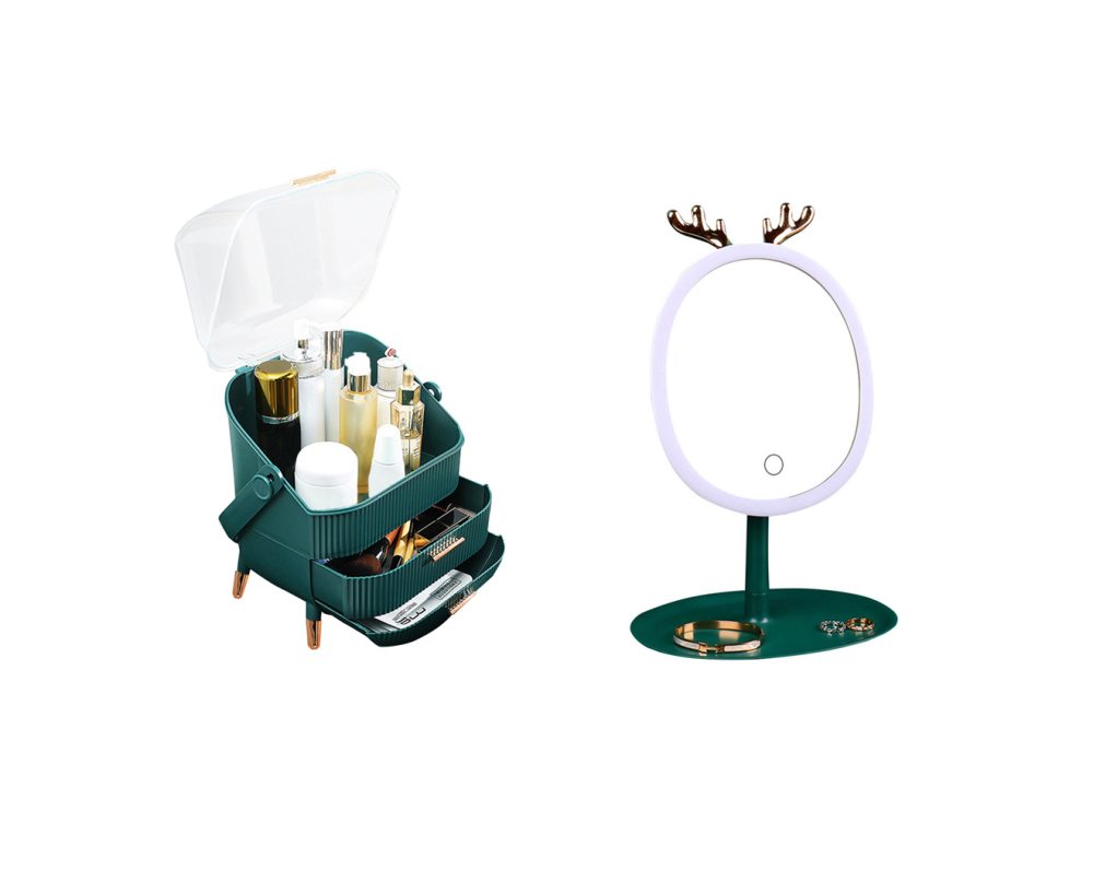 1-SOGA Green Cosmetic Jewelry Storage Organiser with Antler LED Light Mirror Tabletop Vanity Set