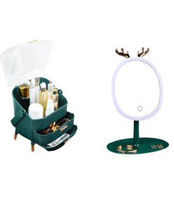 1-SOGA Green Cosmetic Jewelry Storage Organiser with Antler LED Light Mirror Tabletop Vanity Set