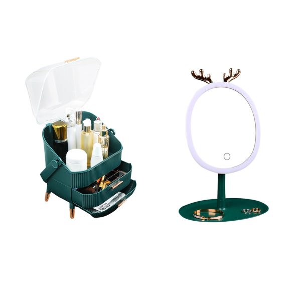 1-SOGA Green Cosmetic Jewelry Storage Organiser with Antler LED Light Mirror Tabletop Vanity Set