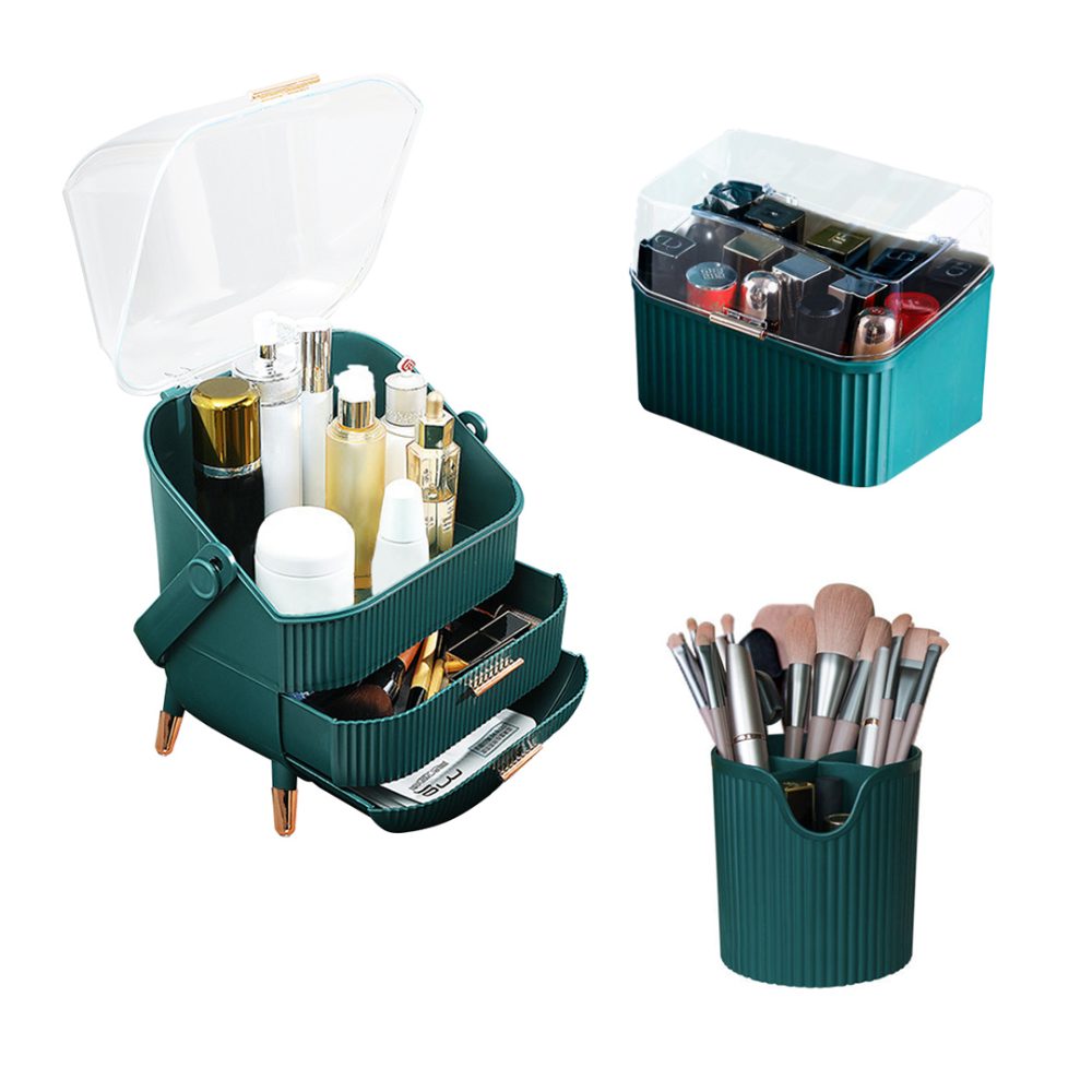 1-SOGA Green Cosmetic Jewelry Storage Organiser Set Makeup Brush Lipstick Skincare Holder Jewelry Storage Box with Handle