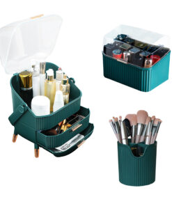 1-SOGA Green Cosmetic Jewelry Storage Organiser Set Makeup Brush Lipstick Skincare Holder Jewelry Storage Box with Handle