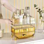 3-SOGA 2X 2 Tier Golden Yellow Multifunctional Countertop Cosmetic Storage Makeup Skincare Holder Jewelry Cabinet Bathroom Desk Drawer Vanity Organiser
