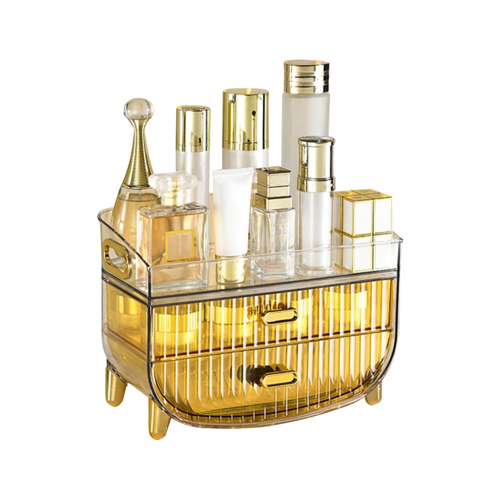 1-SOGA 3 Tier Golden Yellow Multifunctional Countertop Cosmetic Storage Makeup Skincare Holder Jewelry Cabinet Bathroom Desk Drawer Vanity Organiser