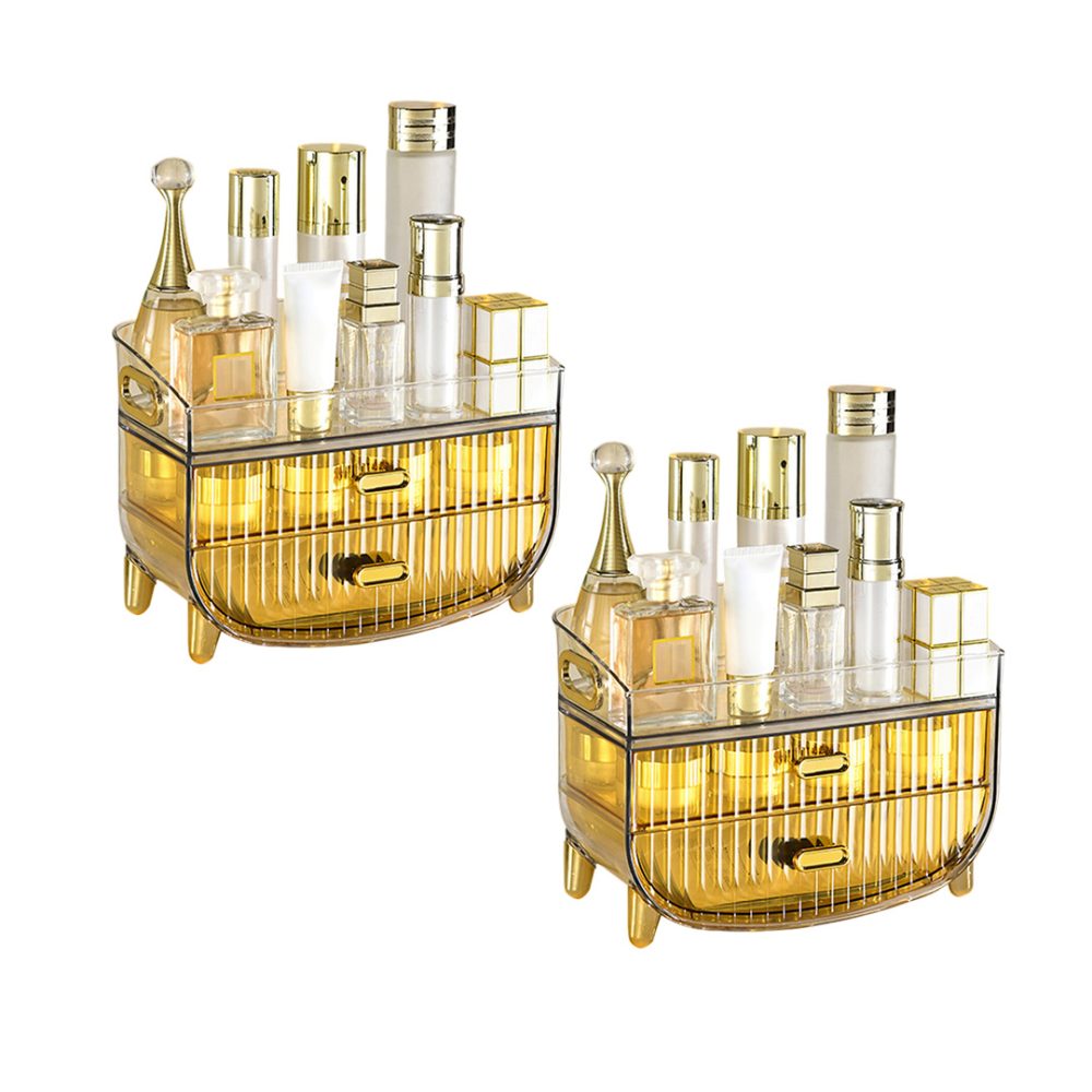 1-SOGA 2X 3 Tier Golden Yellow Multifunctional Countertop Cosmetic Storage Makeup Skincare Holder Jewelry Cabinet Bathroom Desk Drawer Vanity Organiser