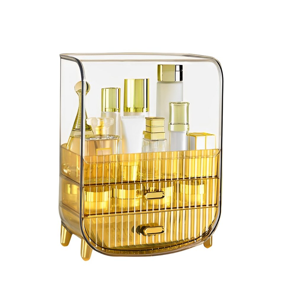 1-SOGA 3 Tier Golden Yellow Multifunctional Countertop Cosmetic Storage Makeup Perfume Skincare Display Stand Shelf Drawer Type Organiser