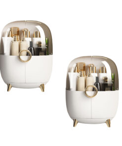 1-SOGA 2X White Transparent Countertop Makeup Organiser Cosmetic Storage Waterproof Dustproof Bathroom Skincare Holder with Lid