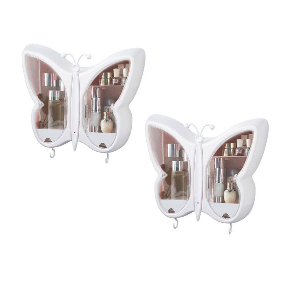 1-SOGA 2X White Butterfly Shape Wall-Mounted Makeup Organiser Dustproof Waterproof Bathroom Storage Box Home Decor