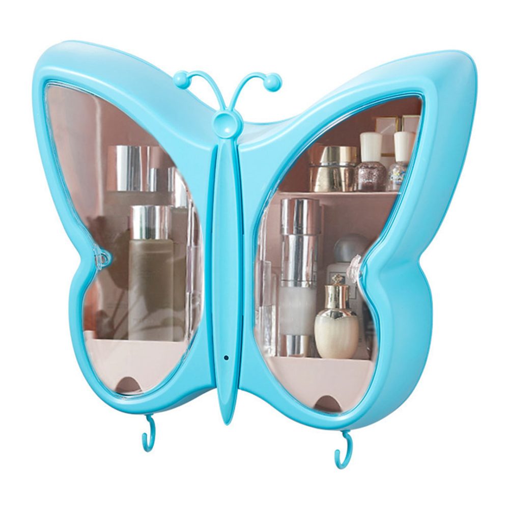 1-SOGA Blue Butterfly Shape Wall-Mounted Makeup Organiser Dustproof Waterproof Bathroom Storage Box Home Decor