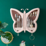 2-SOGA Pink Butterfly Shape Wall-Mounted Makeup Organiser Dustproof Waterproof Bathroom Storage Box Home Decor