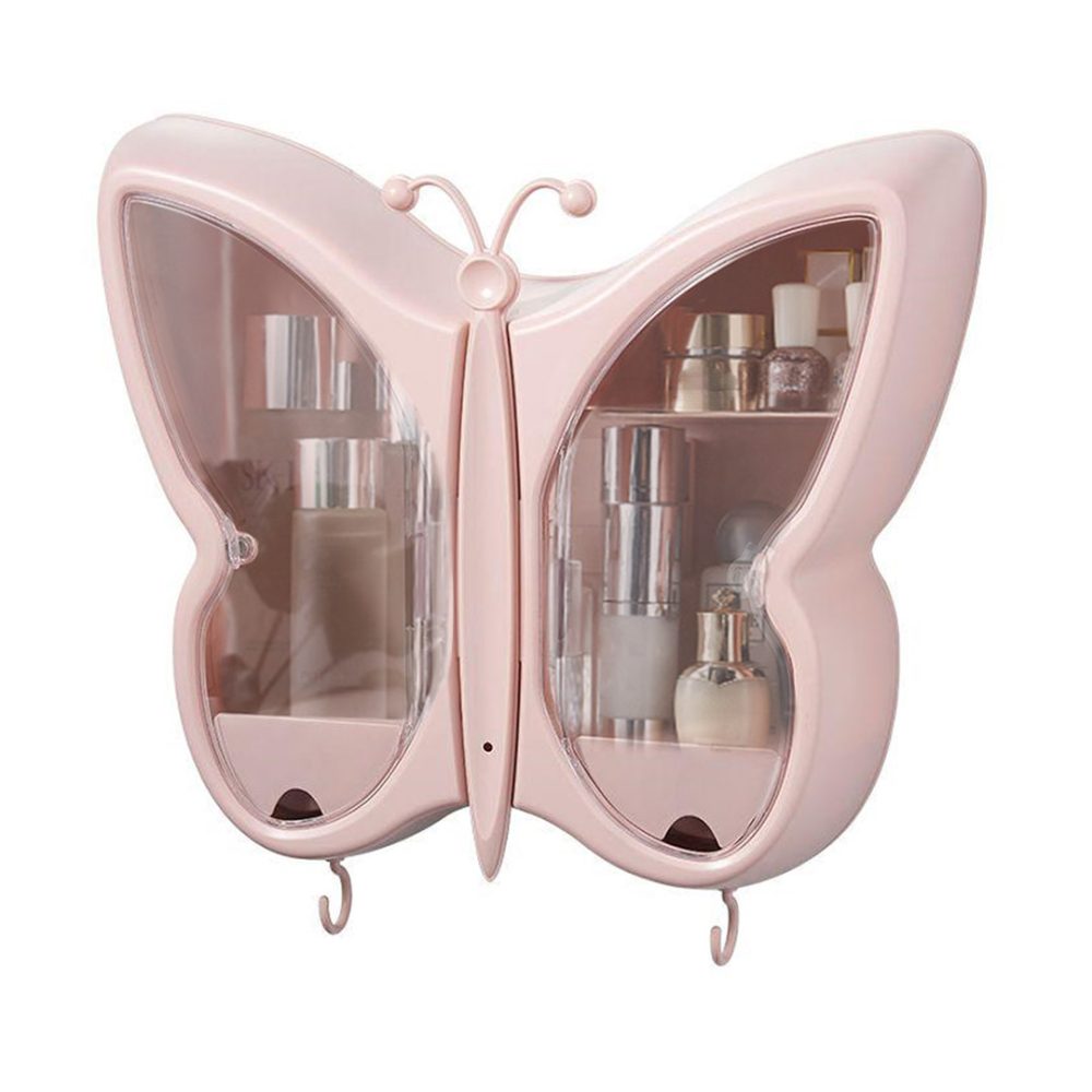 1-SOGA Pink Butterfly Shape Wall-Mounted Makeup Organiser Dustproof Waterproof Bathroom Storage Box Home Decor