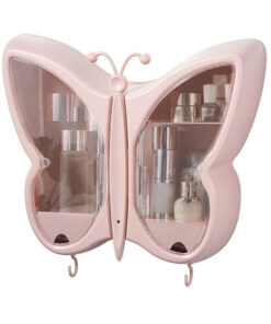 1-SOGA Pink Butterfly Shape Wall-Mounted Makeup Organiser Dustproof Waterproof Bathroom Storage Box Home Decor