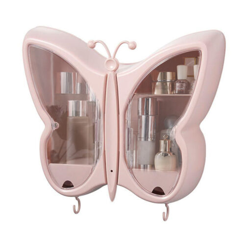 1-SOGA Pink Butterfly Shape Wall-Mounted Makeup Organiser Dustproof Waterproof Bathroom Storage Box Home Decor