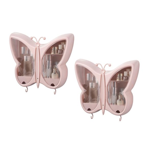 1-SOGA 2X Pink Butterfly Shape Wall-Mounted Makeup Organiser Dustproof Waterproof Bathroom Storage Box Home Decor