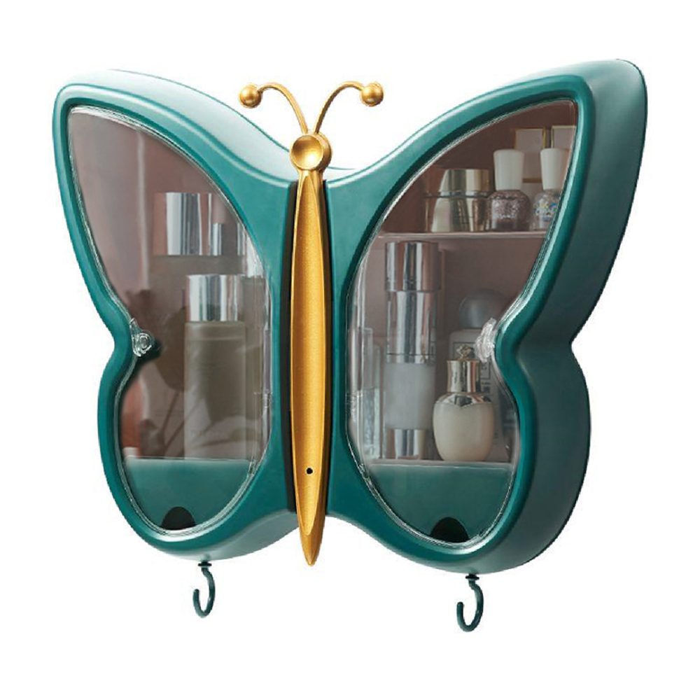 1-SOGA Green Butterfly Shape Wall-Mounted Makeup Organiser Dustproof Waterproof Bathroom Storage Box Home Decor