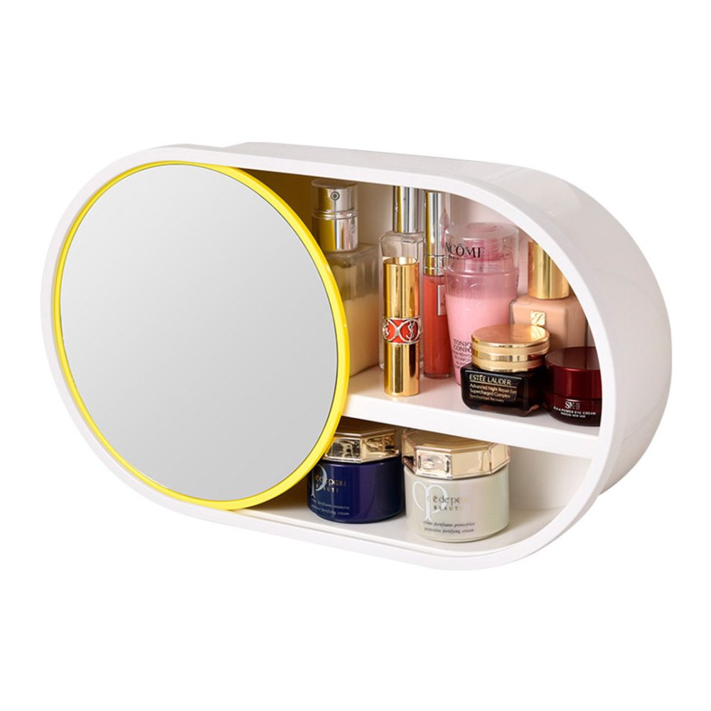 1-SOGA 39cm Oval Wall-Mounted Mirror Storage Box Vanity Mirror Rack Bathroom Adhesive Shelf Home Organiser Decor