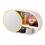 1-SOGA 39cm Oval Wall-Mounted Mirror Storage Box Vanity Mirror Rack Bathroom Adhesive Shelf Home Organiser Decor