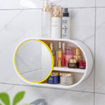 4-SOGA 39cm Oval Wall-Mounted Mirror Storage Box Vanity Mirror Rack Bathroom Adhesive Shelf Home Organiser Decor