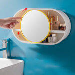 7-SOGA 39cm Oval Wall-Mounted Mirror Storage Box Vanity Mirror Rack Bathroom Adhesive Shelf Home Organiser Decor