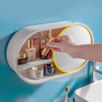 8-SOGA 39cm Oval Wall-Mounted Mirror Storage Box Vanity Mirror Rack Bathroom Adhesive Shelf Home Organiser Decor